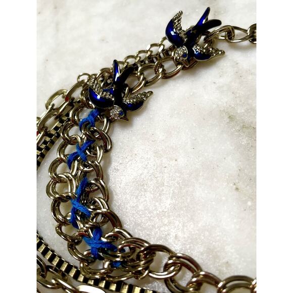 Betsy Johnson SWALLOW BIRD BLUE Pendant Gold Color Necklace Multi Chain Woven - Picture 4 of 8